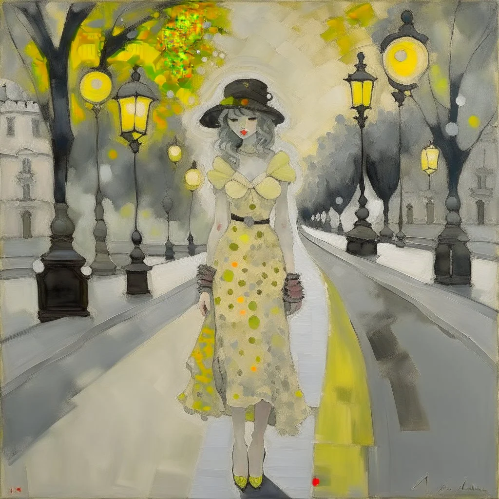 Whimsical and crazy painting of a full body young woman in a soft and dreamy style. The figure standing in the boulevard under a gas lamp shining a pale yellow light is shown in shades of gray and white, with red and yellow dots for emphasis. She wears a flowing black muslin dress and a black wide-brimmed hat, which gives her a graceful and elegant look. The background is abstract, with dull tones that blend together to create a misty atmosphere. Large, stylish red flowers frame the scene, with