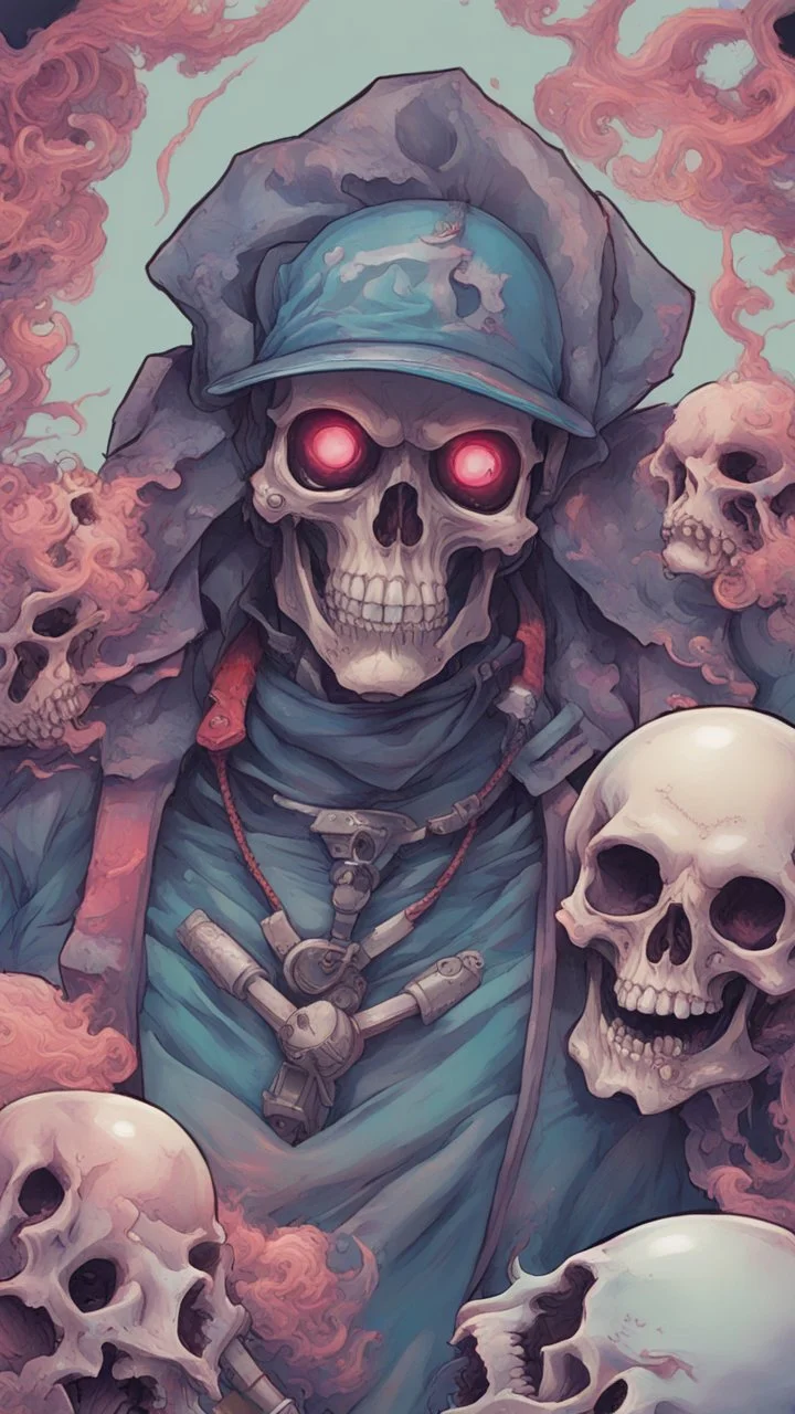 a close up of a person with a skull on their head, anime skull portrait man, scary detailed art in color, hiroyuki-mitsume takahashi, nychos art aesthetic, half man half skeleton, anime cyberpunk art, colored manga art, rossdraws pastel vibrant, hot colors. insanely detailed, beautiful anime portrait, stunning anime face portrait, scary art in color