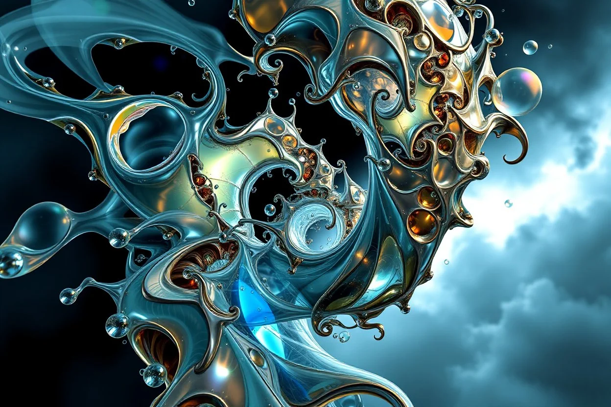 Dynamic complex hypnotic fractal 3D structures horizontal Symmetry twisting and morphing between organic and geometric forms , smooth translucent iridescent glass with inner glow and bubbles, varied transparent materials, stormy skies, intense dramatic