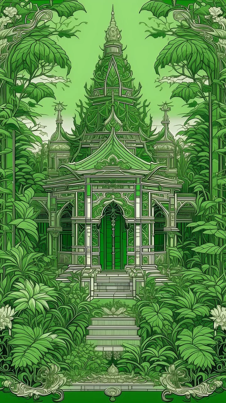 very detailed all Green Buddhist temple surrounded by leaves and ivy, medieval, gothic style, fine line draw style