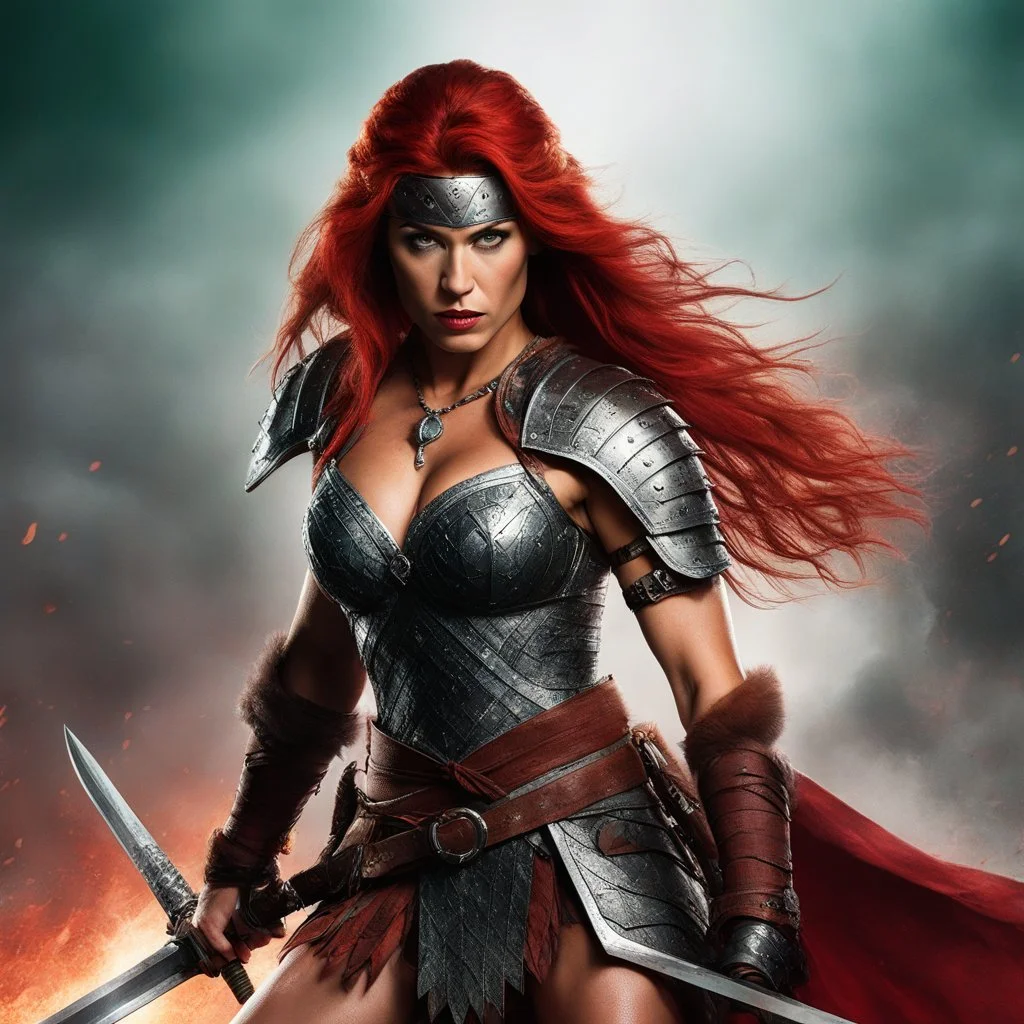 Step into the world of battle and legend with this stunning 14K UHD image of Red Sonja, the She-Devil with a Sword. Capturing her in the heat of combat, this masterpiece radiates power, determination, and ferocity. With her piercing green eyes locked on her target, blood-streaked armor, and an unwavering grip on her sword, Red Sonja is the epitome of a fearless warrior. The intricate detailing in this artwork brings every element to life, from the textured metal of her armor to the flowing stra