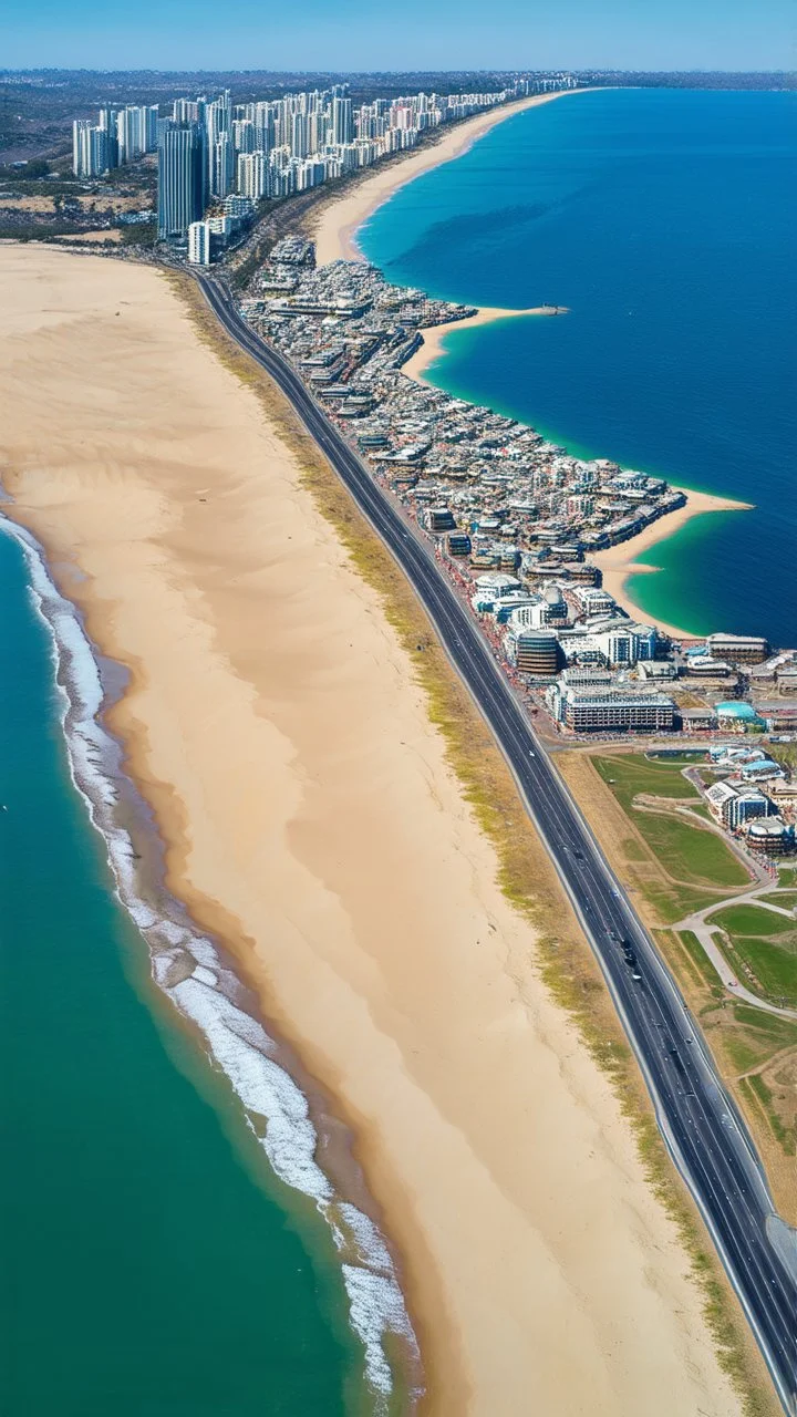 A long, sweeping Sandy Bay With a sci-fi city with clean roads and buildings Along The Shoreline during the day