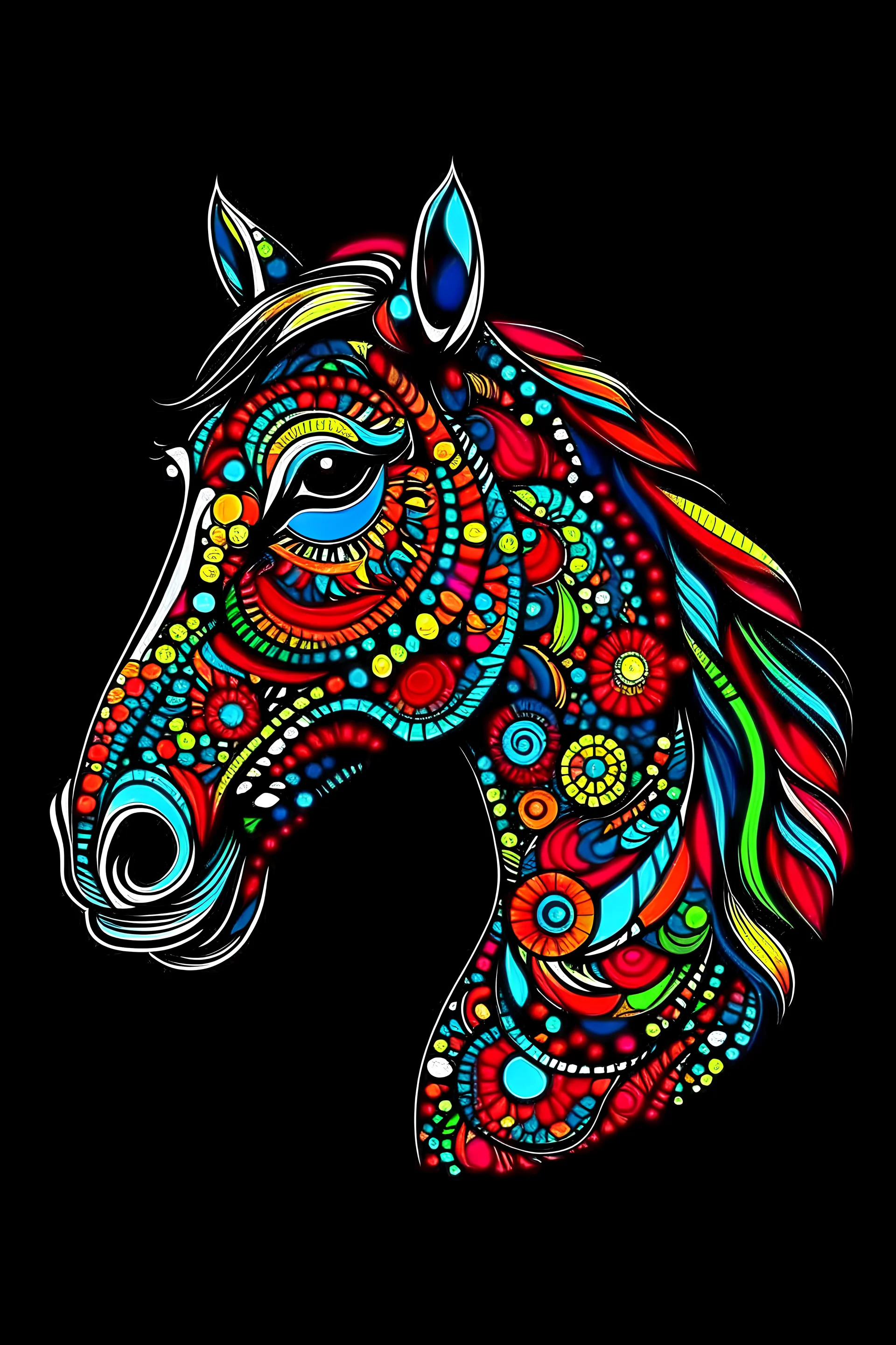 a cute horse, vivid colors, crisp line art , black background , aspect ratio = 2:3 , mandala