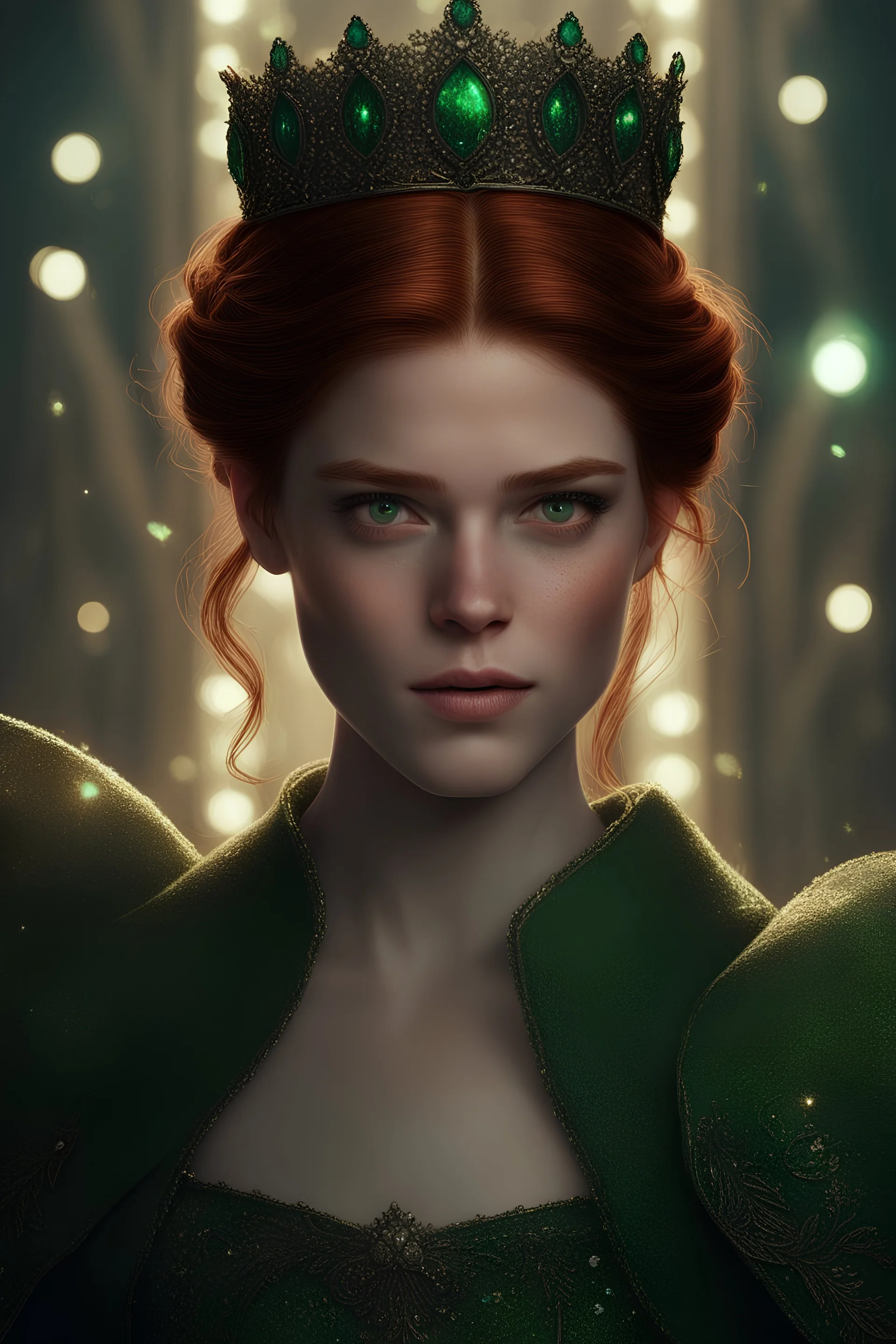 Rose Leslie as a Renaissance Disney princess wearing a delicate tiara, looking at the camera with her green eyes, beautiful and aesthetic, close up, dramatic pose, intricate, highly detailed, detailed face, smooth, sharp focus, specular light, occlusion shadow, luminous color sparkles, glitter, artgerm, artstation, art by mika pikazo and ilya kuvshinov and rembrandt and greg rutkowski, fantasy illustration