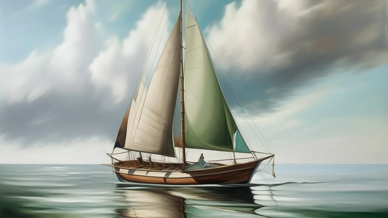 Oil painting of a sailboat in calm waters, the boat is brown with a white sail, the mast is tall and thin, the boat is reflected in the water, there are rocks in the water, the sky is a light blue, the water is a light green, the painting is done in a realistic style, the colors are muted, the light is soft and diffused.