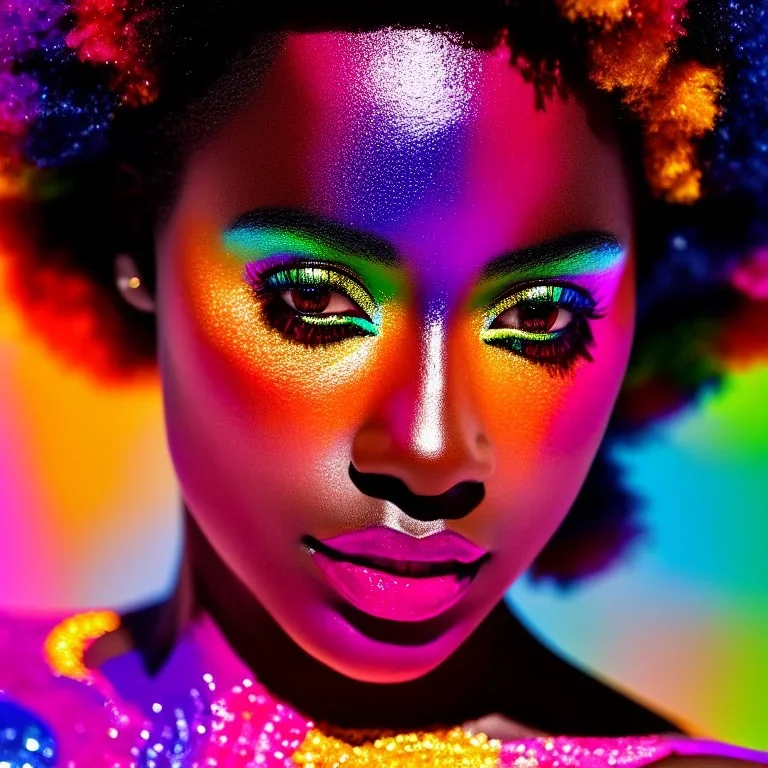 full body shot, masterpiece, best quality, woman, dark skinned, sparkling eyes, fluorescent skin, colorful makeup, afro, highly detailed body, sun light, 4K, RAW, depth of field, high contrast, realistic details, 24mm