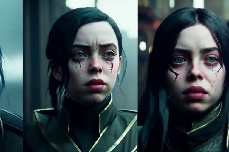 Billie Eilish, Dishonored 2, realistic, 4k, not to be distinguished from a photo, identical pupils, photorealistic illustration, 8k