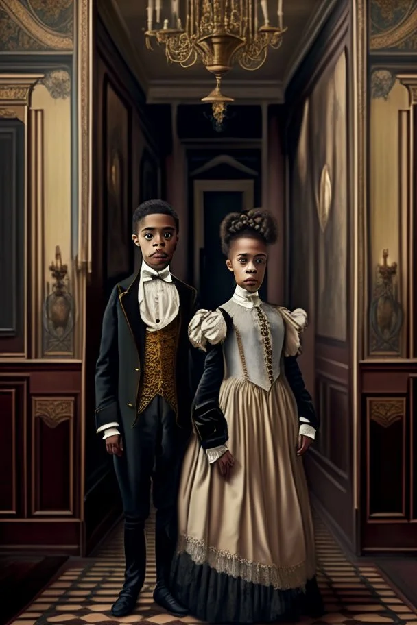 Mulatto siblings of older brother and younger sister in their thirties, dressed in fancy 19th century clothing, standing in the hall of an elegant house