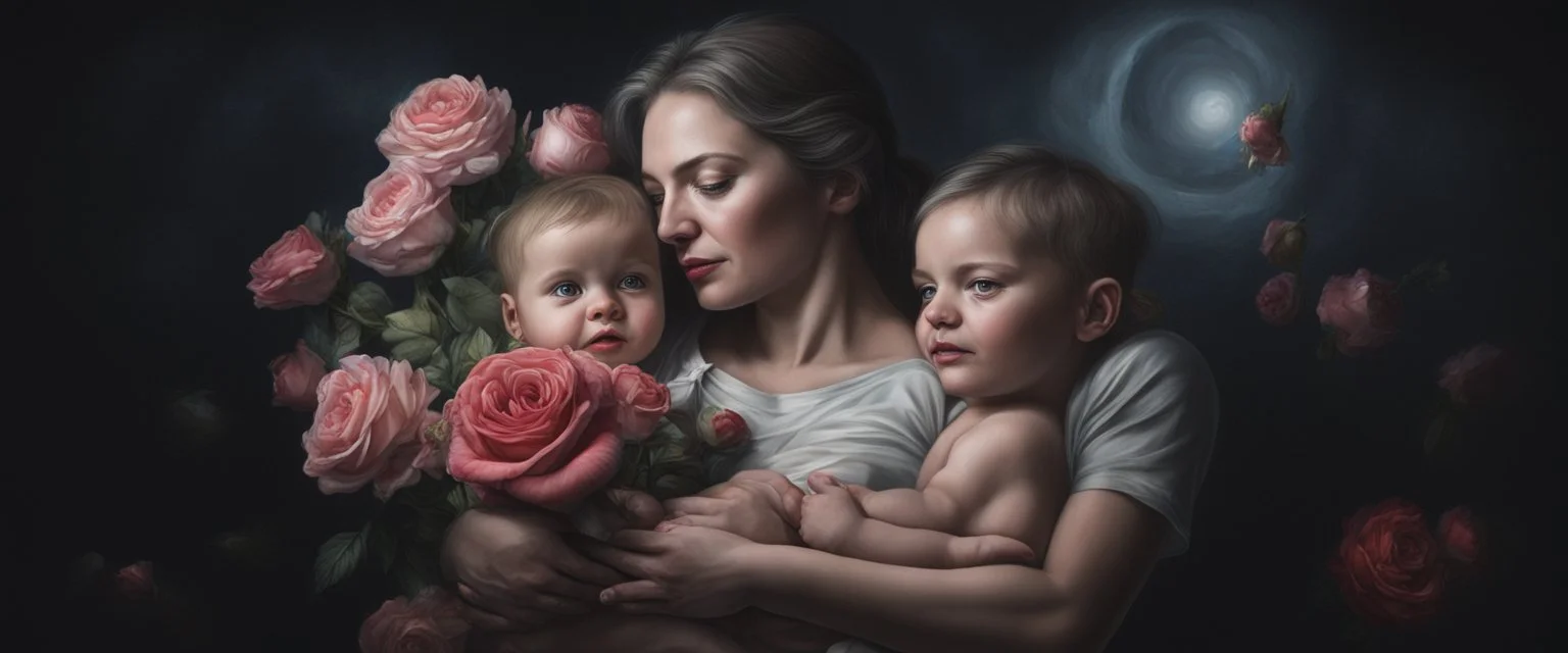 Hyper Realistic 3rd-rule portrait of a mother carrying her child with flowers & roses around them at night in a dark room