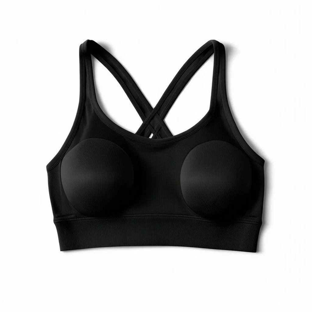 Folded Cross-back sport bra, top view, flat lay, realistic, active wear, black material, round neck, cross-back with double spaghetti straps, small cup size