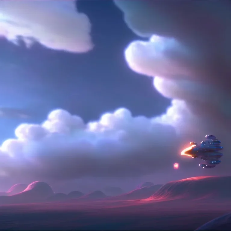 Retrofuture epic, spaceship liftoff, clouds