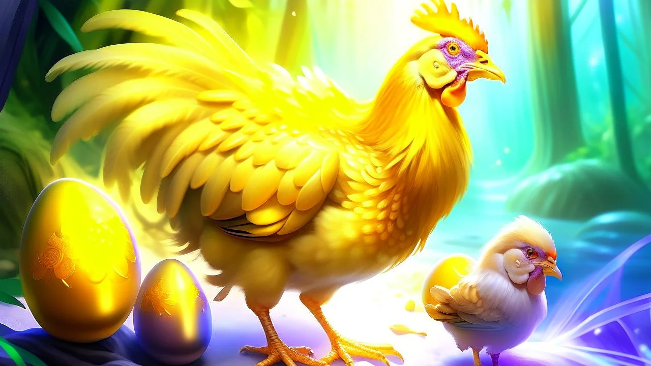 Fantasy digital illustration: = one magical hen that laid golden eggs