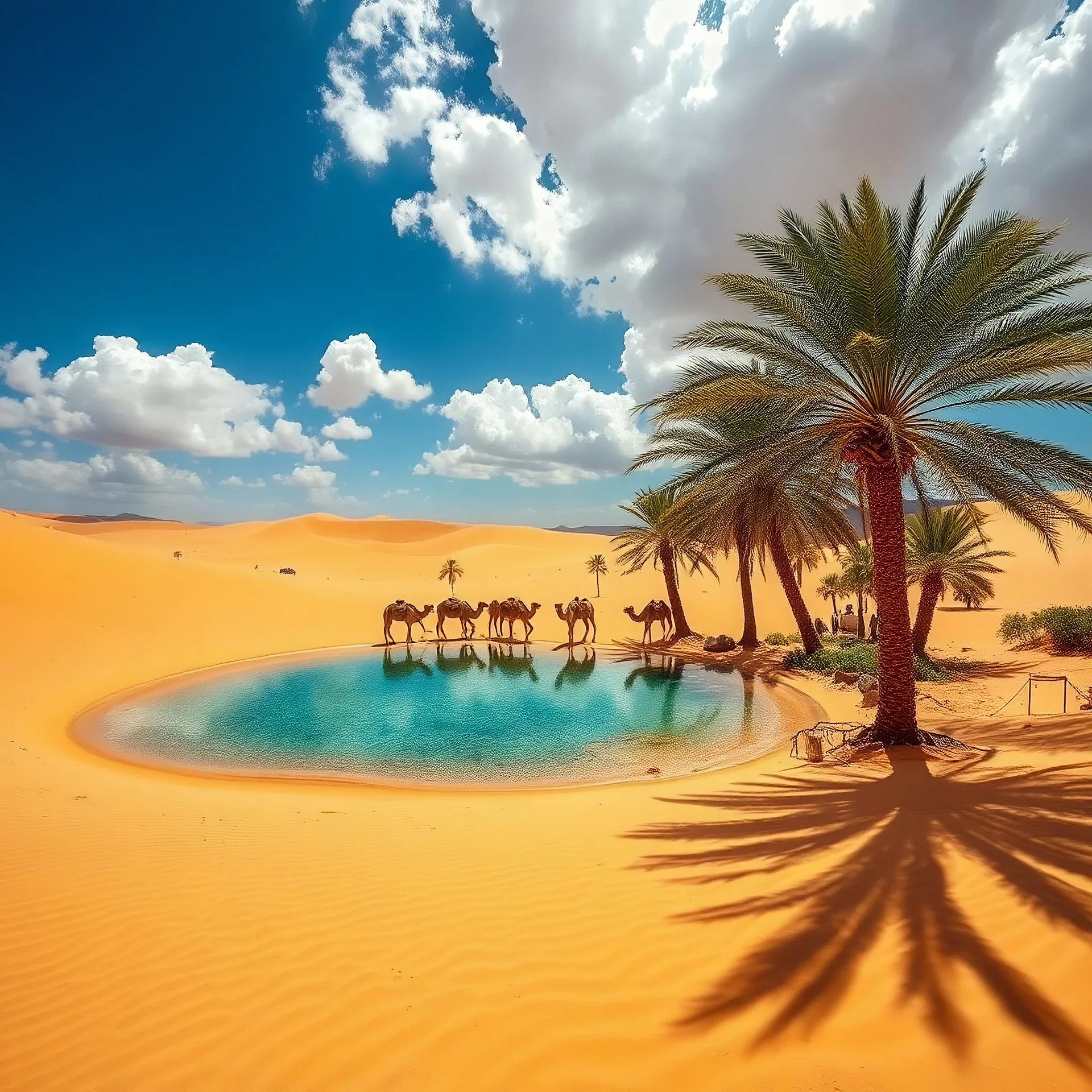 A breathtaking desert oasis, where golden sand dunes cradle a crystal-clear freshwater pool, shimmering under the sun. Palm trees sway gently around the oasis, their lush green fronds contrasting vividly with the arid surroundings. The sky is a brilliant blue, dotted with fluffy white clouds, casting soft shadows on the landscape. A family of camels roams nearby, their presence adding a touch of life and movement. The textures of the sand and water are meticulously detailed, with each grain and