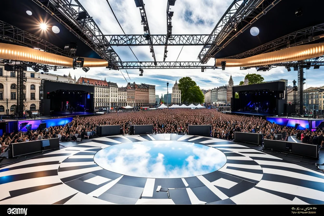 a big open disko stage in modern city in a very big square , at distance,blue sky pretty clouds ,night .