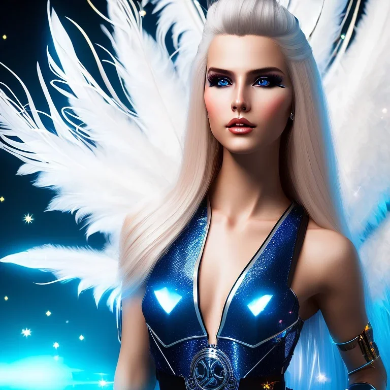 A beautiful portrait of a cute smiling cyberpunk woman with wings, long blond haire, high key lighting, volumetric light high details with white stripes and feathers and blue celtic paterns and luminous glasses in a starry background