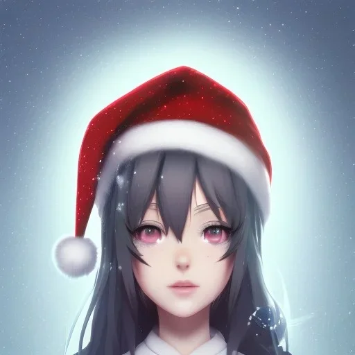 girl, Christmas hat on head, looking forward, anime art, cold weather, gray furry clothes,anime key visual of elegant young female