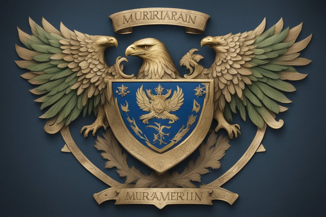 Coat of arms of the Murinian Federation; brass eagle; holding sword and szepter; blue, green, white;