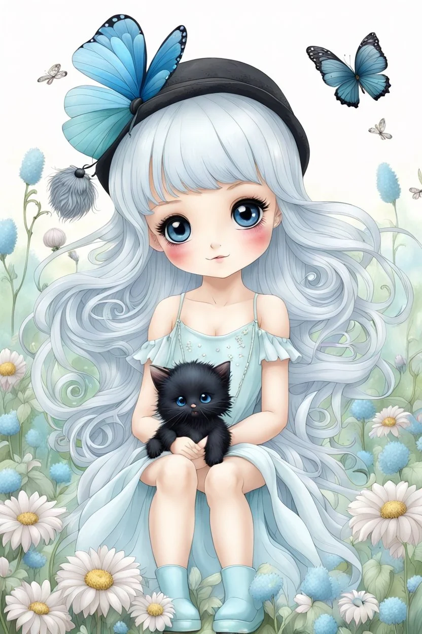 cute happy fairy girl with rounded (blue eyes), big long silver hair, a tiny black fluffy kitty sitting on her hat, chibi 3d anime character, detailed, fantasy style, nice picture in the big meadow with pale colors flowers