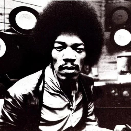 Jimi Hendrix at a turntable with headphones on being a DJ