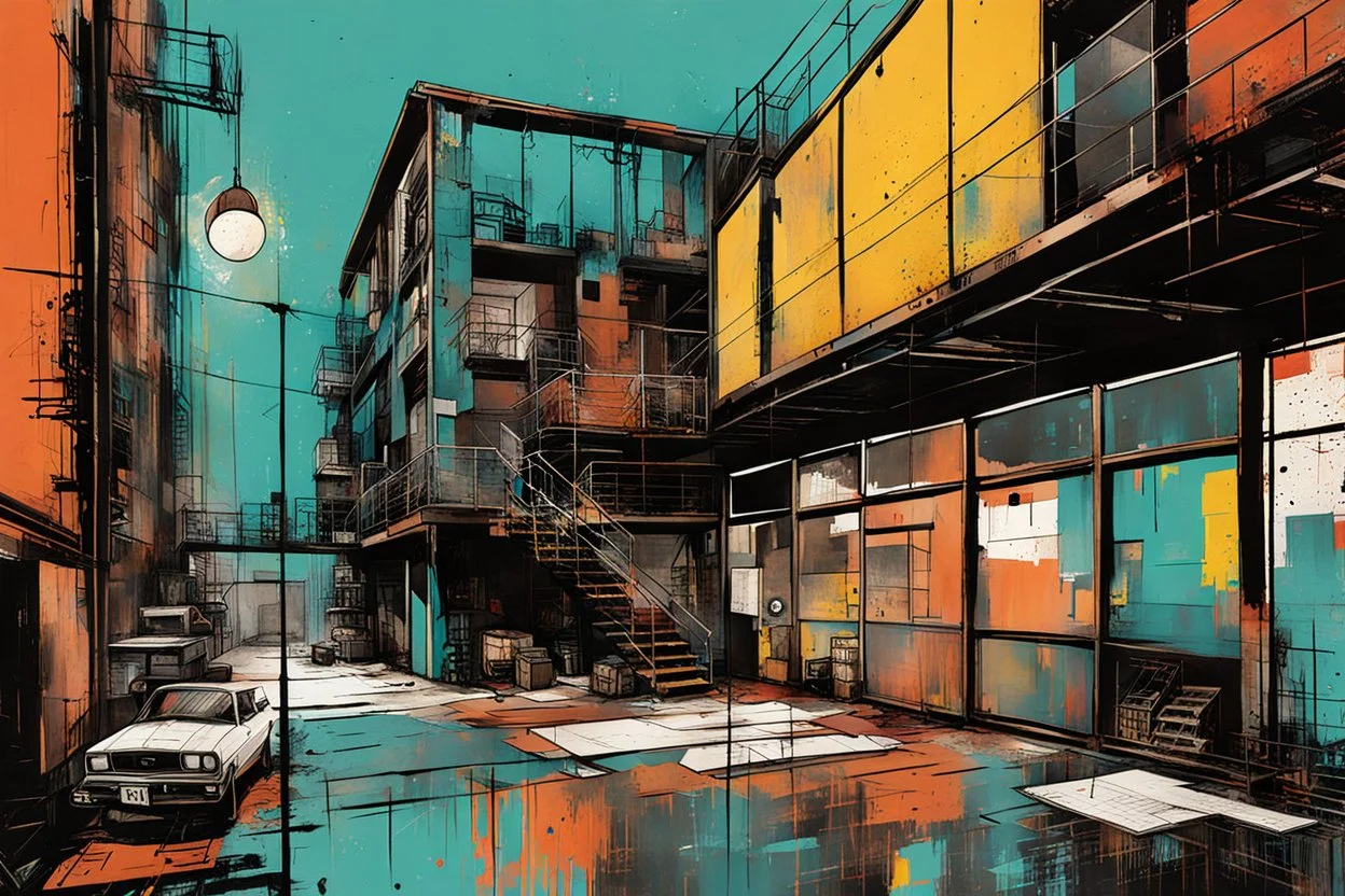 create a wildly abstract illustration of a highly detailed gritty and rusted industrial warehouse loft apartment in style of Jean Michel Basquiat , and the comic book art style of Bill Sienkiewicz, finely textured, drawn, colored, and inked