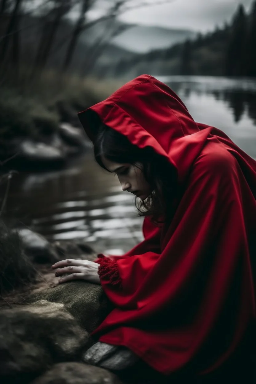 imagen del cuento de caperucita roja cuando ella se asoma al río, con el lobo ahogándose y pidiendo ayuda