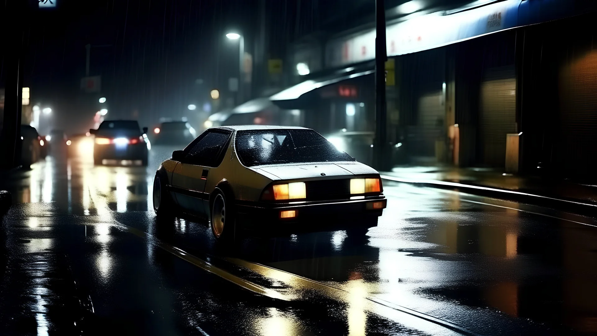 night city, rain, drifting car