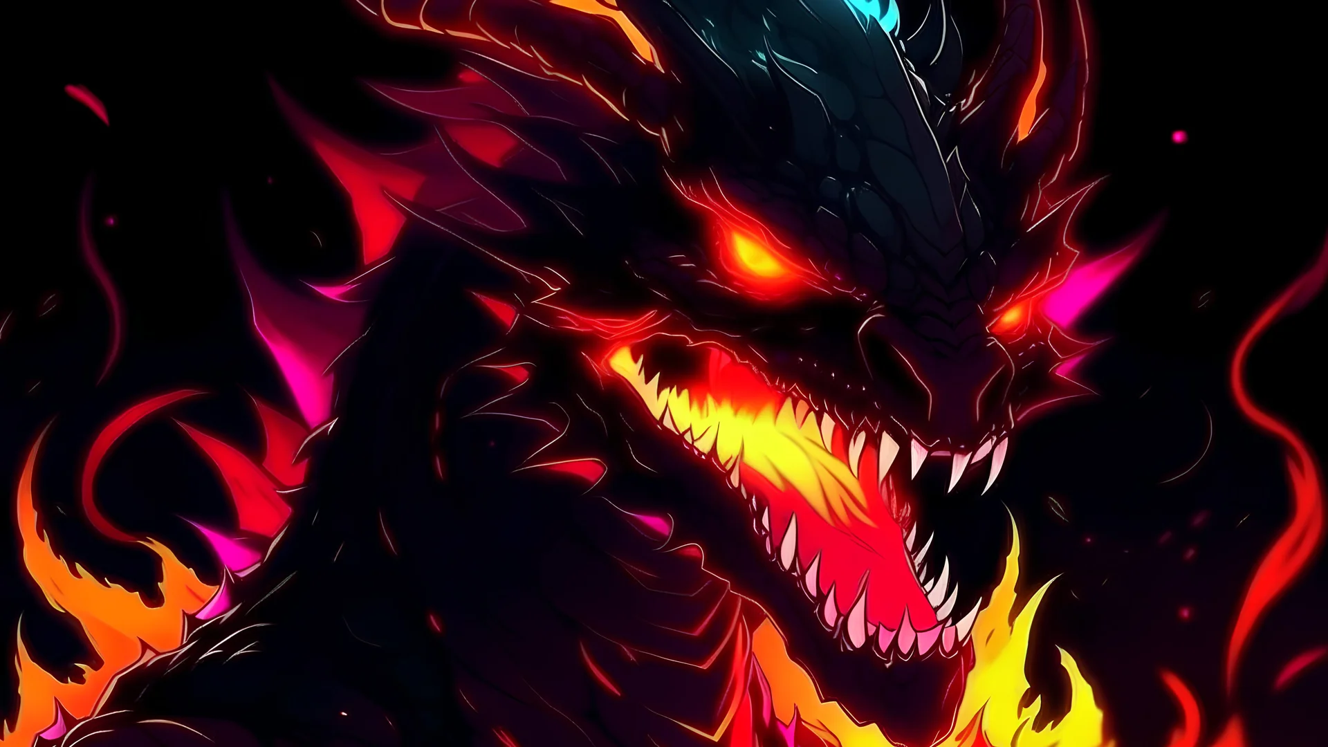 Dark anime glowing volcano neon Dragon portrayed as villainous with blood