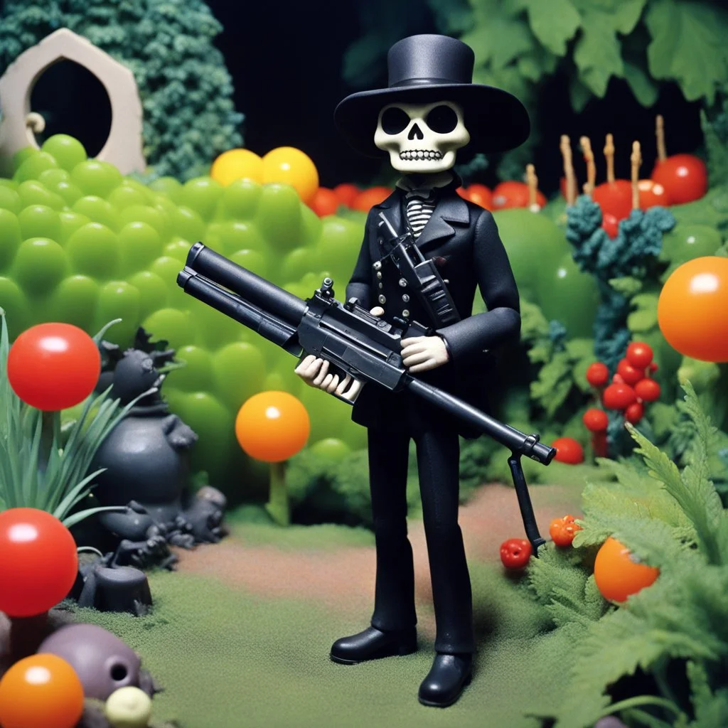 [1960’s stop-motion animation style in a creepy garden] a 70s gun advertisment video TV advertisement featuring A goth 24 year model holding a rifle as a toy character made out of gelatinous slime and jello, as a claymation character toy from a claymation horror movie in burning rainbow land, from hell, skeleton aliens from damnation, creepy Videos black eyes, eyeballs everywhere , as old advertisement shot on video VHS