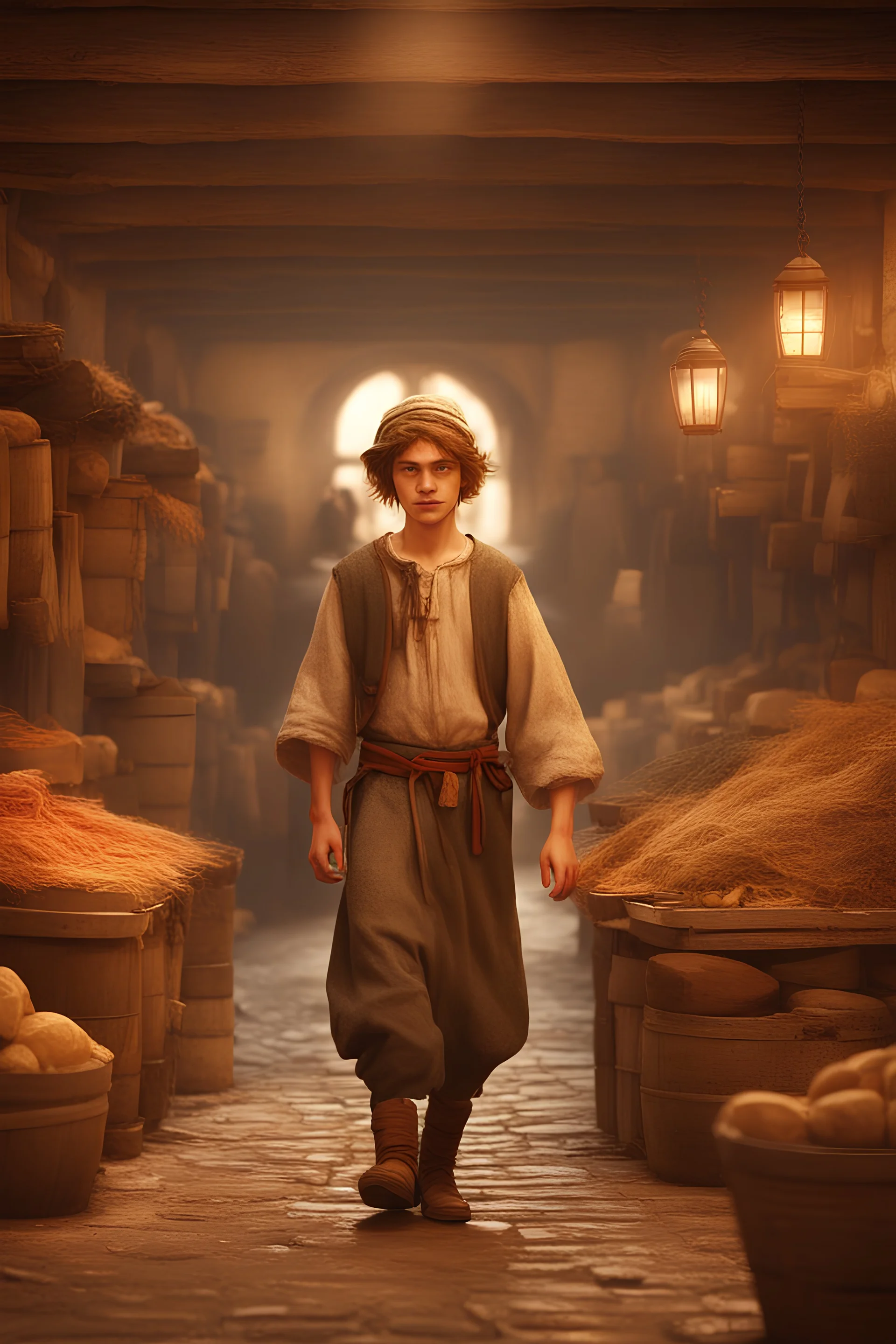teenage boy walking inside a mediaeval market, dressed in peasant clothing, digital art, 4k