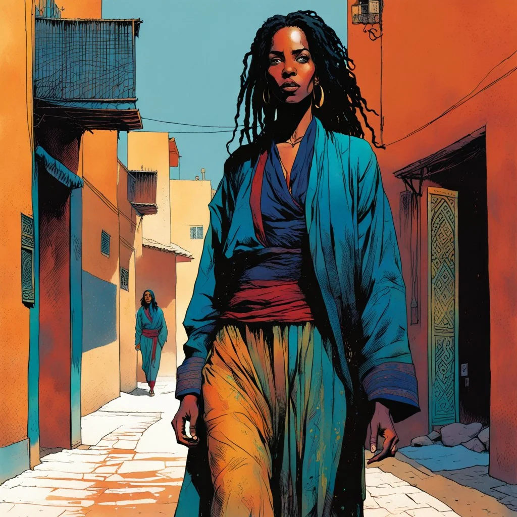 create an imaginative full body illustration of a Tuareg female, in traditional dress, with finely detailed facial features, short dreadlock hair, in the backstreets of Marrakech, in the comic book art style of Bill Sienkiewicz, Mike Mignola, and Jean Giraud Moebius, finely textured, drawn, colored, and inked