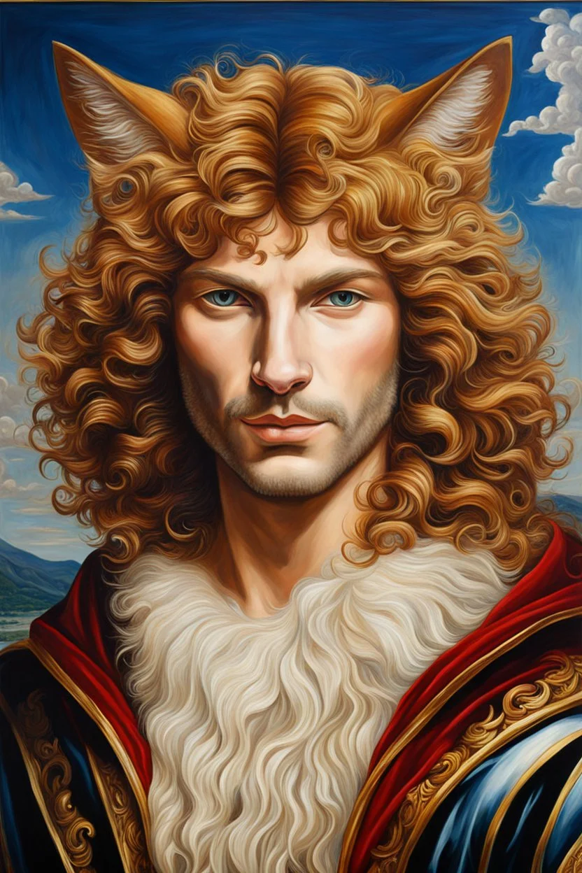 Portret the catman hombre gato óleo sobre lienzo estilo Sandro Boticelli calidad ultra hiperdetallado