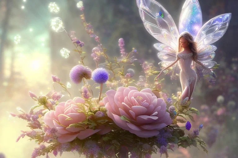 one big crystal subtle flower in a galactic ambiance with a very little beautiful fairy, transparent petals, delicate colors, in the foreground, full of details, smooth, bright sunshine，soft light atmosphere, light effect，vaporwave colorful, concept art, smooth, extremely sharp detail, finely tuned detail, ultra high definition, 8 k, unreal engine 5, ultra sharp focus