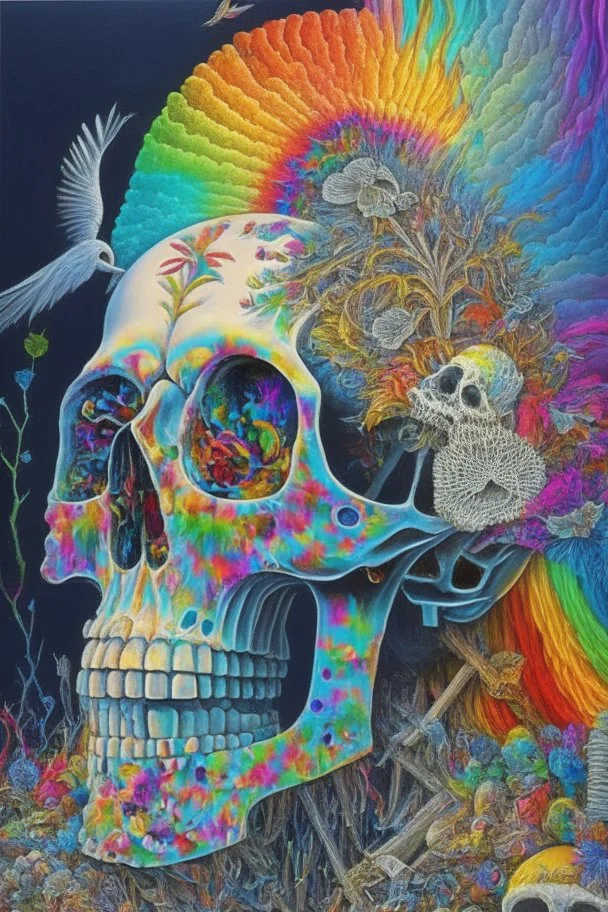 A crackled old painting entitled "Shaking the ghost out of the machine"; a skeleton with ghostly double rainbow made of mixed media such as feathers, foliage, flowers, and gemstones emerging from a giant crack at the top of the skull; surreal, quilling, optical art, award-winning, masterpiece, Intricate, provocative, psychedelic, Magnificent.