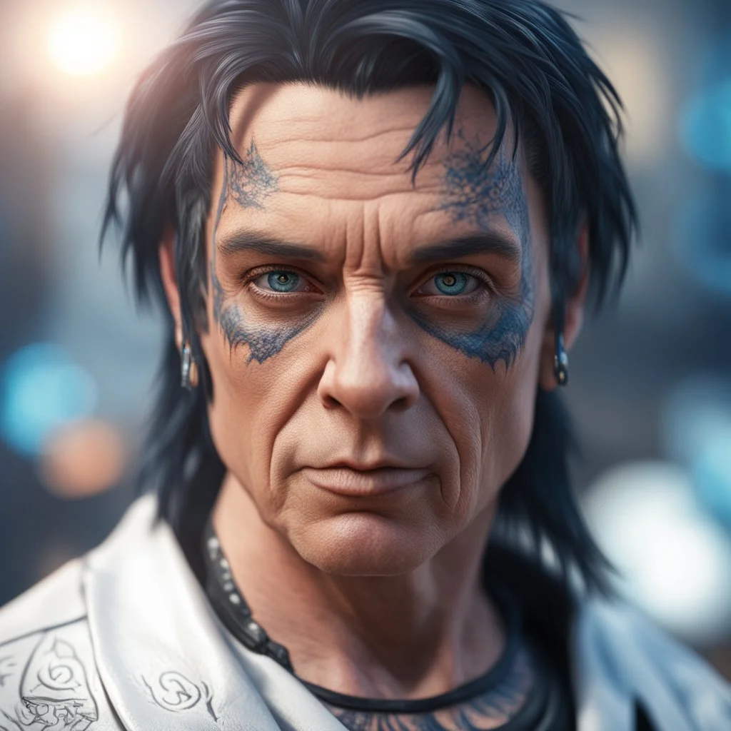 david icke as cyperpunk witch hunter with dark hair, dark blue eyes and black tattoes,bokeh like f/0.8, tilt-shift lens 8k, high detail, smooth render, down-light, unreal engine,bokeh like f/0.8, tilt-shift lens 8k, high detail, smooth render, down-light, unreal engine