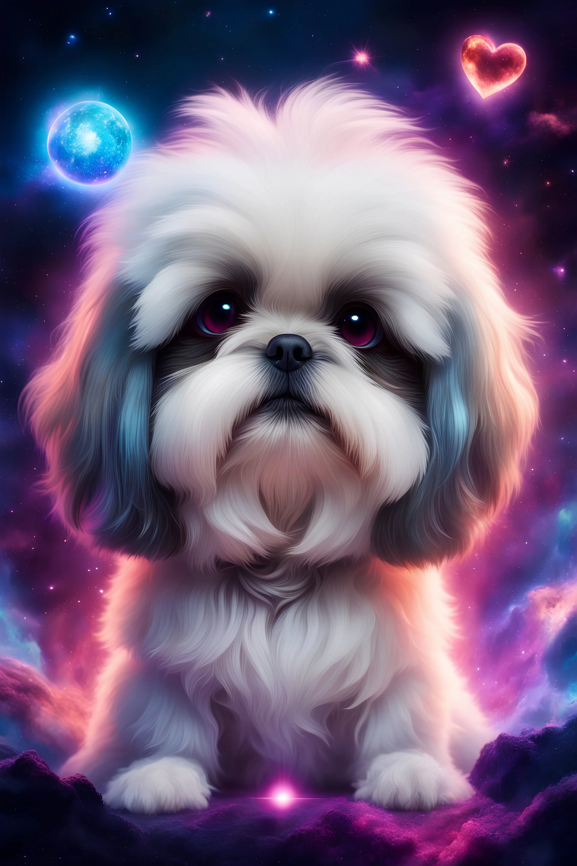 fluffy extra large eyed happy puppy white-gold shih-tzu in sith lord uniform in the distance a colorful intricate HEART shaped planet similar to earth in a brig ażht nebula. sparkles. Cinematic lighting,vast distances, swirl. fairies. magical DARKNESS. SHARP. EXTREME DEPTH. jellyfish, cinematic eye view