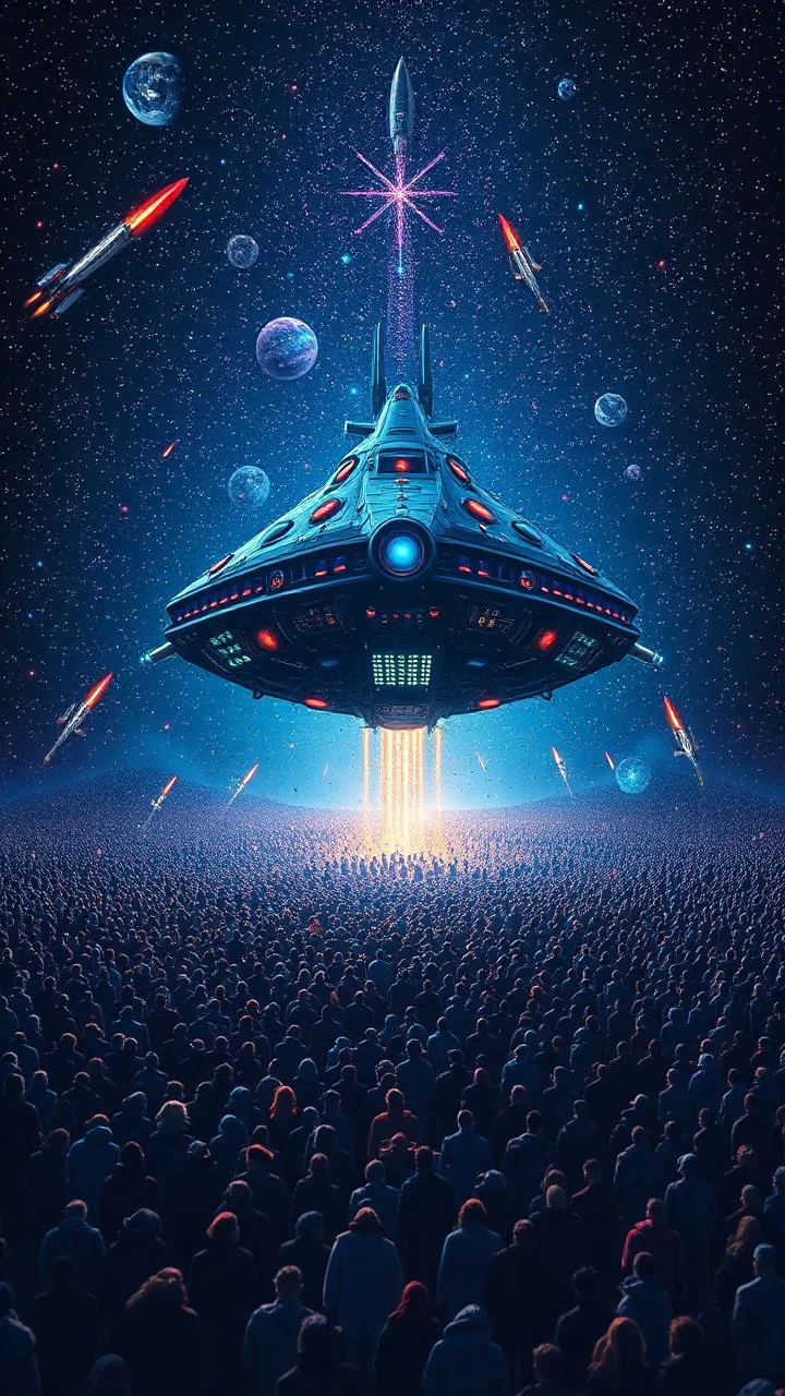 A field of random people at the end of the picture a huge complicated details texture of a blue dark colorful aliens spaceship , lot of rockets and falling stars filling the picture