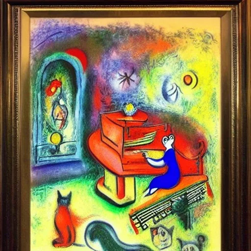 surreal cat playing piano in style of chagall painting with picture of chagall in background