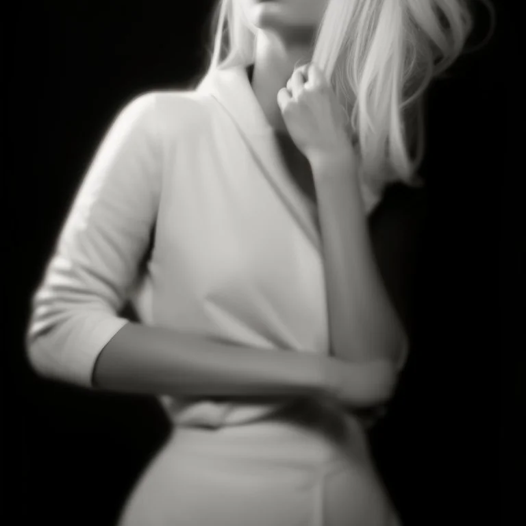 Mujer rubia iluminada, retrato medio cuerpo, iluminada potentemente desde el lado derecho, blanco y negro vaporoso, peinado a lo Verónica Lake al estilo del fotógrafo Hugo Alonso