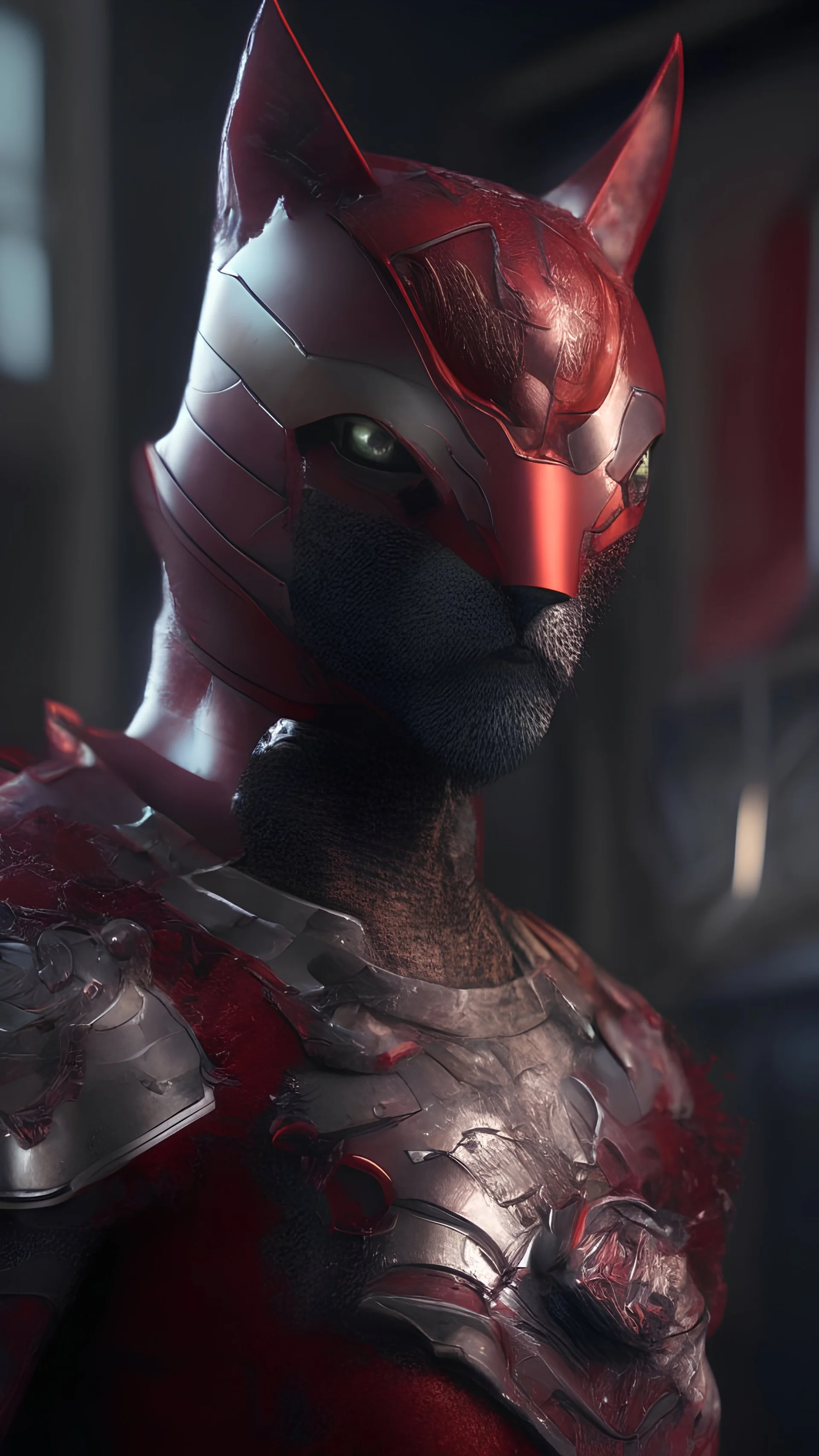 Iconic Cat-Man, red and silver, ultra-detailed armor, eye mask cat, dynamic shot, richly saturated colors, full stature, cinematic lighting, Octane rendering, hyper-realistic, unparalleled detail, 8K , concept art, physically based rendering, intricate textures, timeless masterpiece, AI enhanced, GAN, ray tracing, depth of field, neural network,