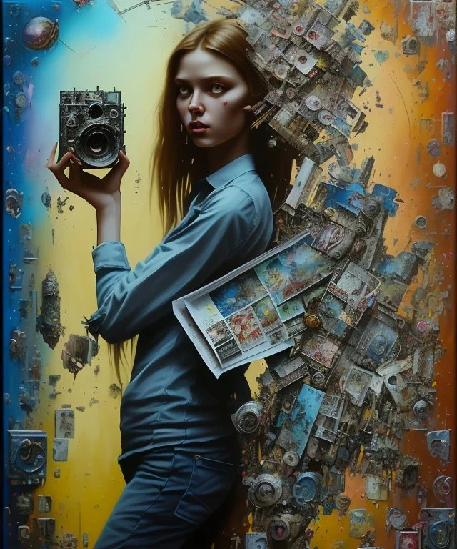 happy beautiful girl holding big proffesional camera in studio. street art, oil on canvas, spray paint, collage, letters, newspapeers, Dave McKean, Vladimir Fedotko, Saturno Butto, Vaughn Bodé, Frank Wu, James C. Christensen, collage, dirty, paint dripping, radiant