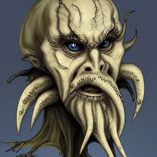 Cthulhu with white skin and a beard made of fleshy tentacles as a Russian Orthodox nosferatu with yellow eyes and vampire fangs and spines in the side of the nose