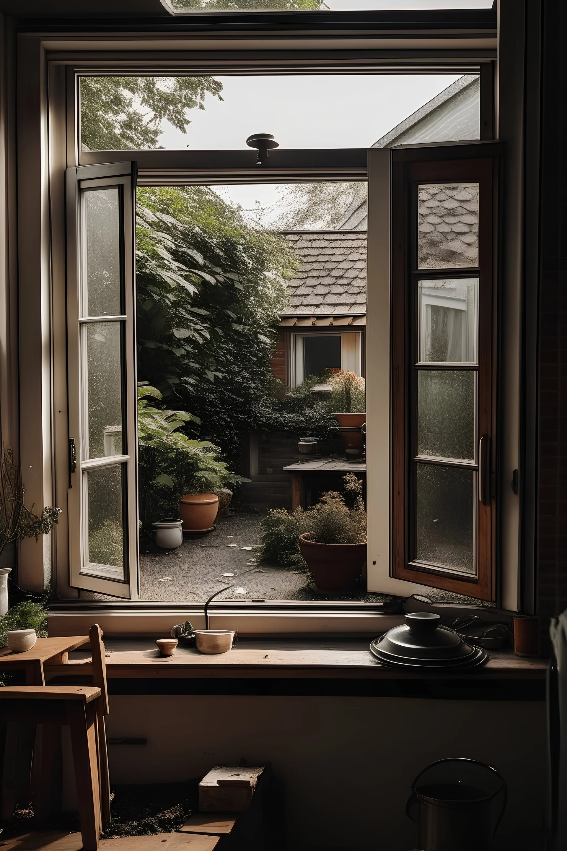 standing outside the house, looking inside the house through a kitchen window