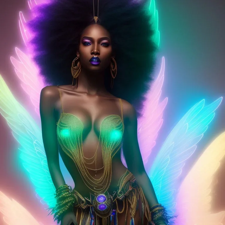 full body shot, masterpiece, best quality, black skinned, sparkling eyes, long hair, gorgeous African Fairy queen,wings,fluorescent skin,light blue makeup,synthwave, light indigo, trasparent , irridescent, highly detailed body, sun light, 4K, RAW, depth of field, high contrast, realistic details, 24mm vaporwave aesthetic, synthwave, artstation, concept art, smooth, extremely sharp detail, finely tuned detail, ultra high definition, 8 k, unreal engine 5, ultra sharp focus