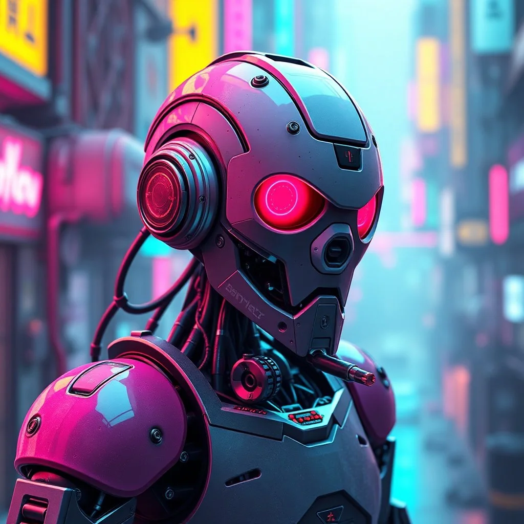 a cyberpunk robot, bright colours, futuristic, dystopia, stylised, digital art, 3d render