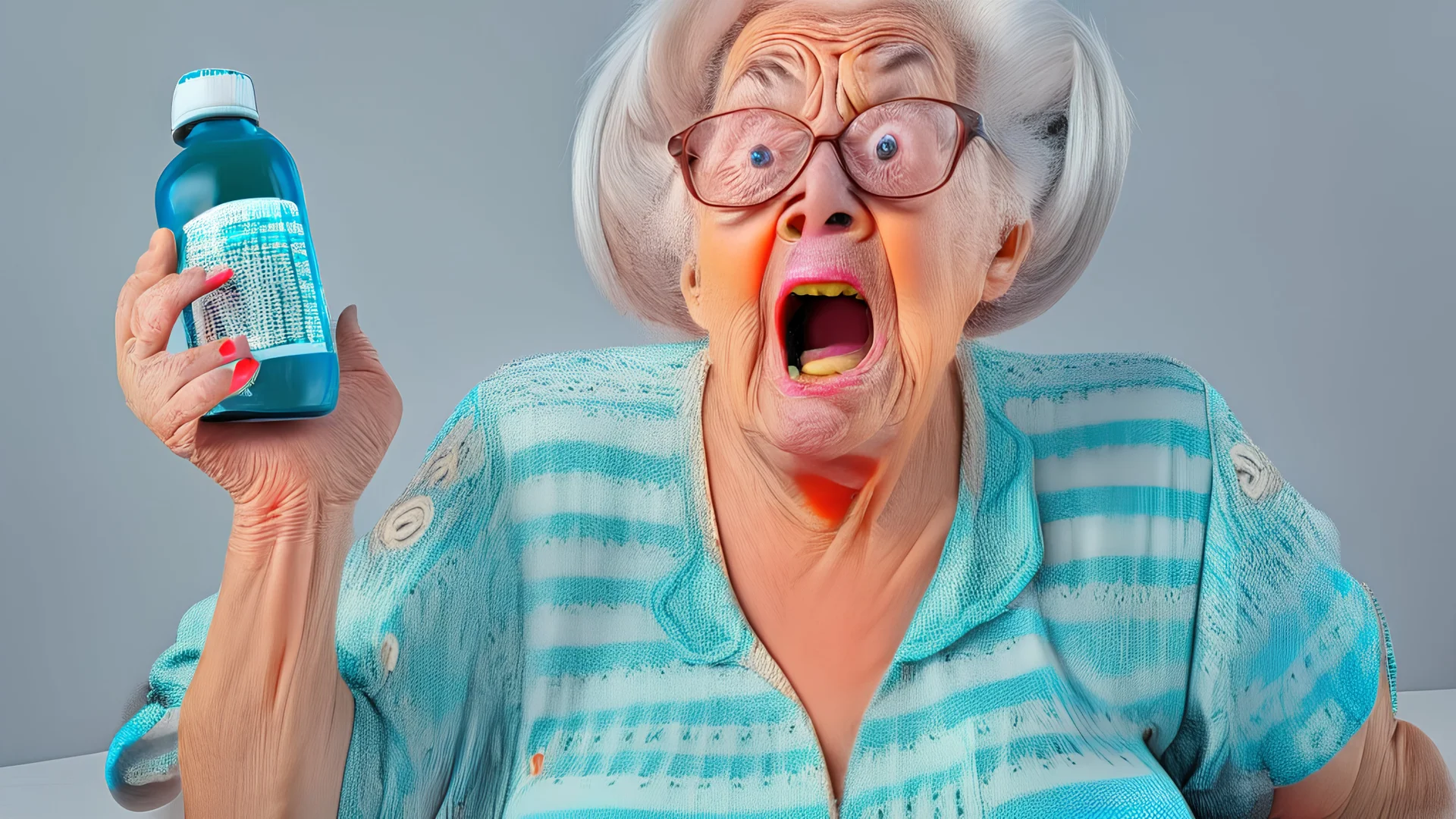 older lady with pill bottle freaking out on cellphone