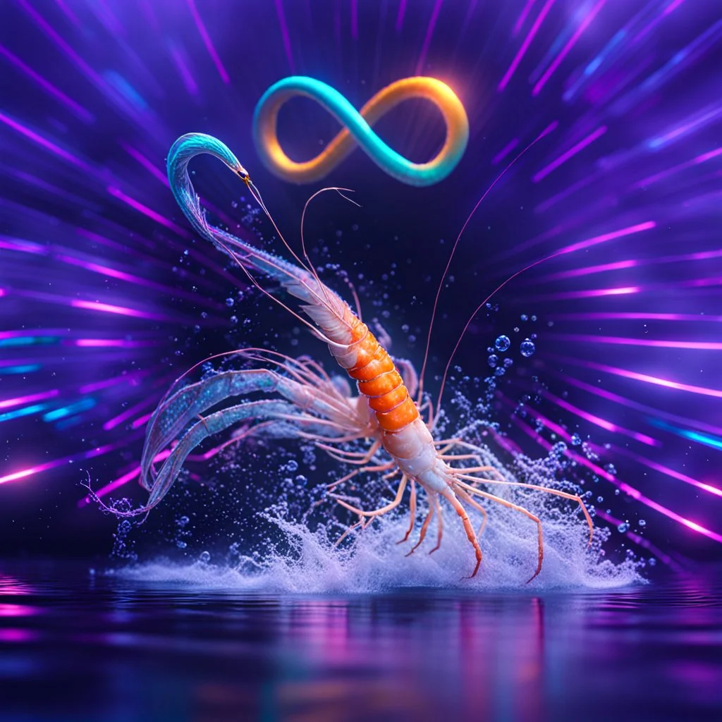 infinity symbol ∞ with vibrant powerful shrimp jumping out of the water, striking, neon, chiaroscuro, dramatic, captivating, powerful, fantasy, beautiful, octane render, 16k post-production, artstation: award-winning: atmospheric: commanding: fantastical: clarity: ultra quality: striking: brilliance: stunning colors: amazing depth; lens: f/11, 35mm
