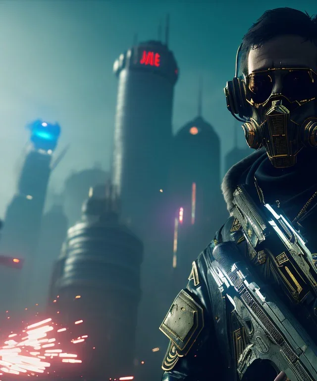 gang of badass wearing a broken mask, full body, standing, atmospheric, realistic, unreal engine, cinematic lighting, octane render, cyberpunk city avenue, light dust, 8k