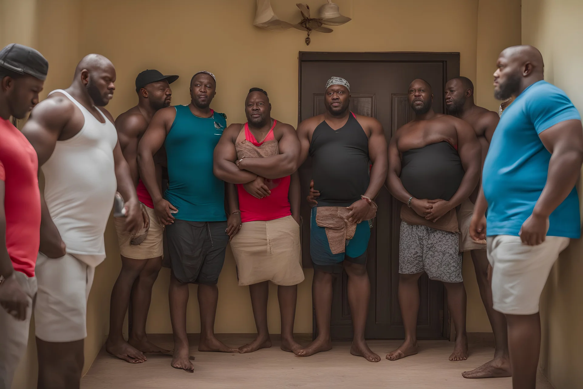 group of big stocky black muscular men from Niger , tank top, bulging shorts, inside a modest living room, queuing in front of the door of a room