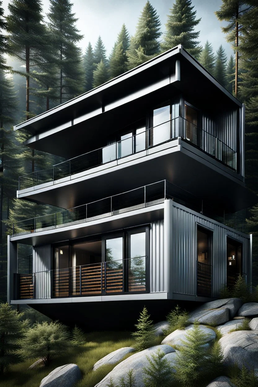 Medium sized house made of shipping containers, modern style, on a cliff overlooking a forest. Photorealistic.