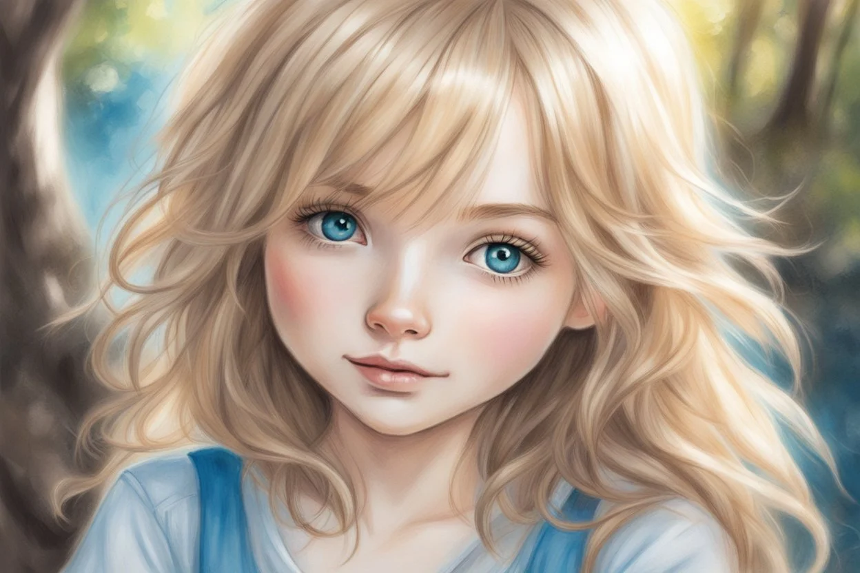 vibrant sketch, cute chibi blue eyed blonde-brown haired woman in Plitvice S<AI in sunshine, shading pastel and charcoal